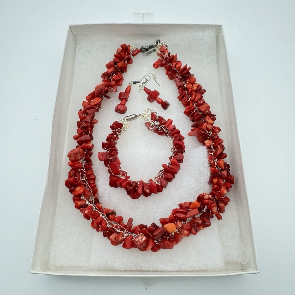 Vintage Red Coral Necklace Pierced Earrings & Bracelet Set 4 pc